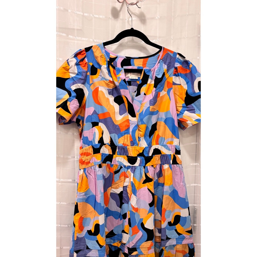 Anthropologie Abstract Swirl Print Smocked Waist Midi Dress Short Sleeve Large - Picture 2 of 6